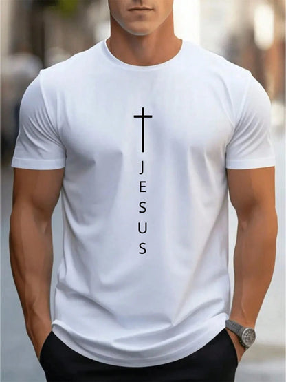 Men's 100% Cotton Casual T-Shirt with Large Cross and Jesus Letter Print
