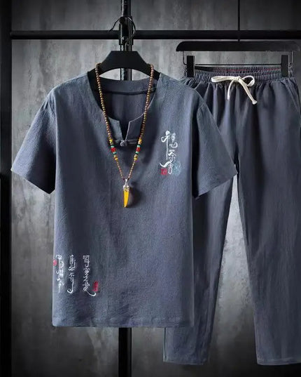 Men's Cotton-Linen Two-Piece T-Shirt and Jogger Pants Set