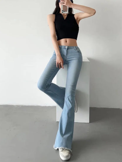 Women's Low Waist Flare Jean Pants - Vintage Stretch Denim for Women