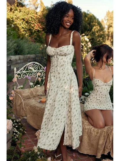 Women's Floral Print Sleeveless Bodycon Dress with Spaghetti Straps and Split