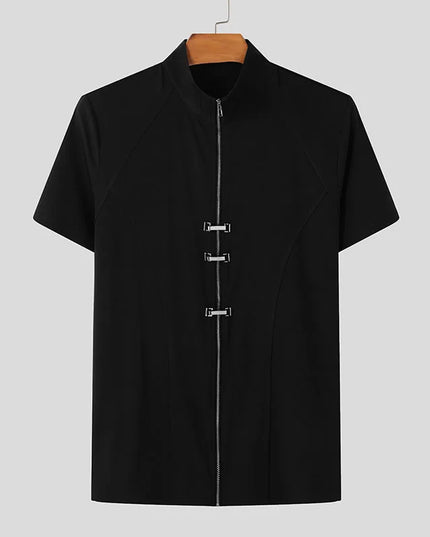 INCERUN Men's Slim Fit T-Shirt with Metal Buckle Detail & Zipper