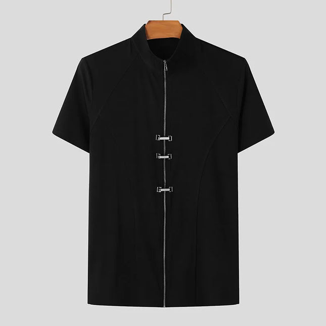 INCERUN Men's Slim Fit T-Shirt with Metal Buckle Detail & Zipper