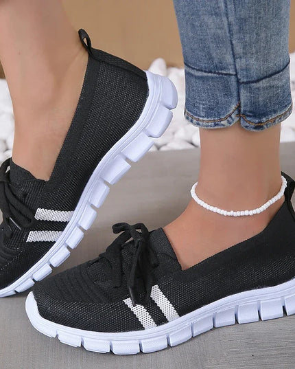 Women's Striped Lace-Up Trainers - Breathable Sneakers with Soft Sole