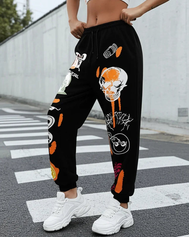 Women's High-Waist Sweatpants with Harajuku Cartoon Design