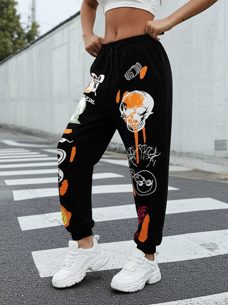 Women's High-Waist Sweatpants with Harajuku Cartoon Design