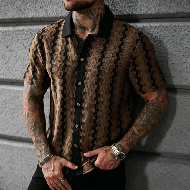 Men's Plaid Knit Short Sleeve Shirt with Lapel Collar and Button Closure