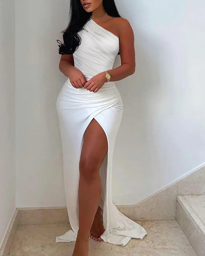 Women's Elegant White Asymmetric Dress with High Split and Ruched Design
