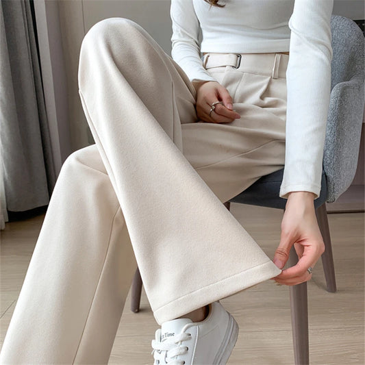 Seoulish Women's High-Waist Wide-Leg Trousers with Loose Fit and Button Detail