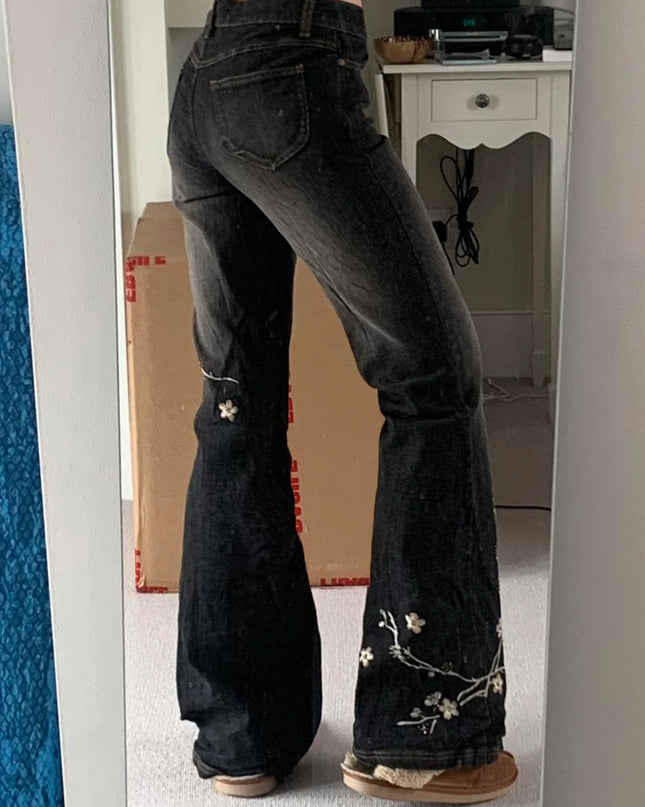 Women's Floral Embroidered Low Rise Flared Denim Jeans