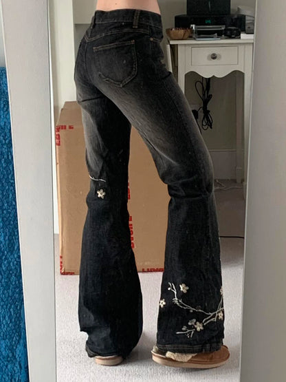 Women's Floral Embroidered Low Rise Flared Denim Jeans