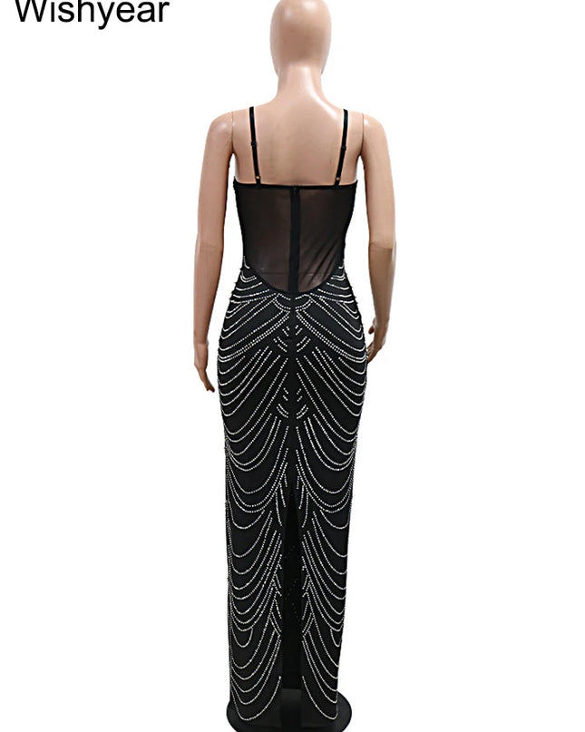 Wishyear Women's Luxe Brown Gown with Sparkling Crystal Rhinestones and Pearls