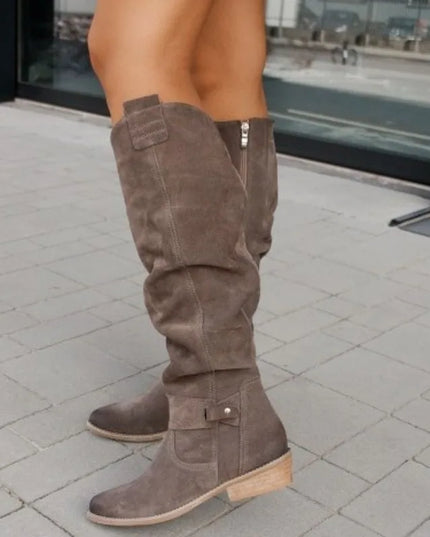 Women's Long Suede Boots with Low Heel and Side Zip - Stylish & Comfortable Footwear
