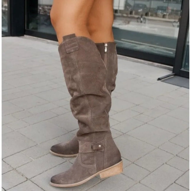 Women's Long Suede Boots with Low Heel and Side Zip - Stylish & Comfortable Footwear
