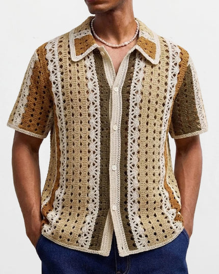Men's Crochet Short Sleeve Casual Button-Down Shirt