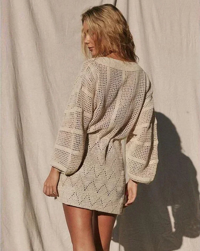 Women's Knit Mini Dress with Hollow-Out Lantern Sleeves