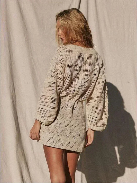 Women's Knit Mini Dress with Hollow-Out Lantern Sleeves