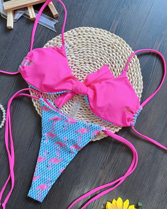 Women's Grid Flamingo Print Two-Piece Swimwear Set with Push-Up Thong Bikini