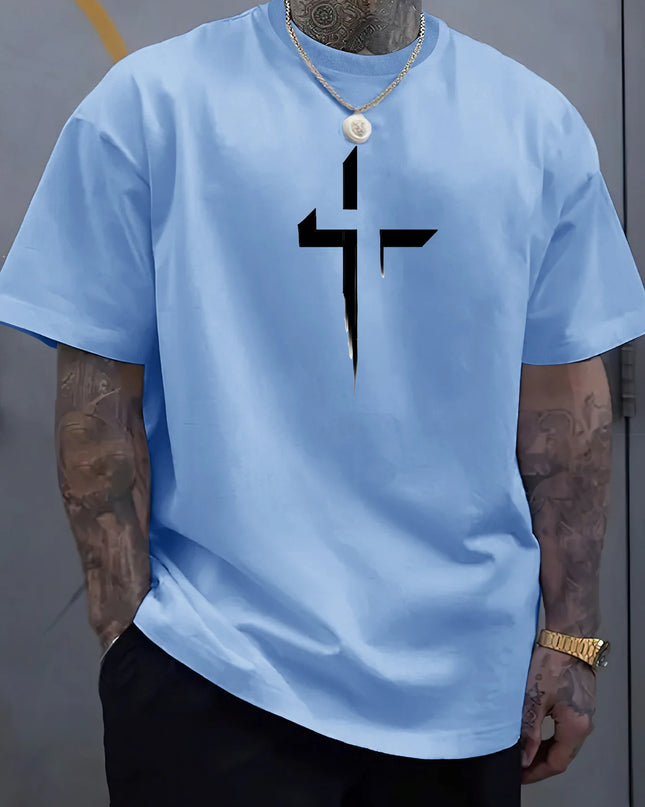 Men's 100% Cotton Casual Loose Fit Cross Print Round Neck T-Shirt