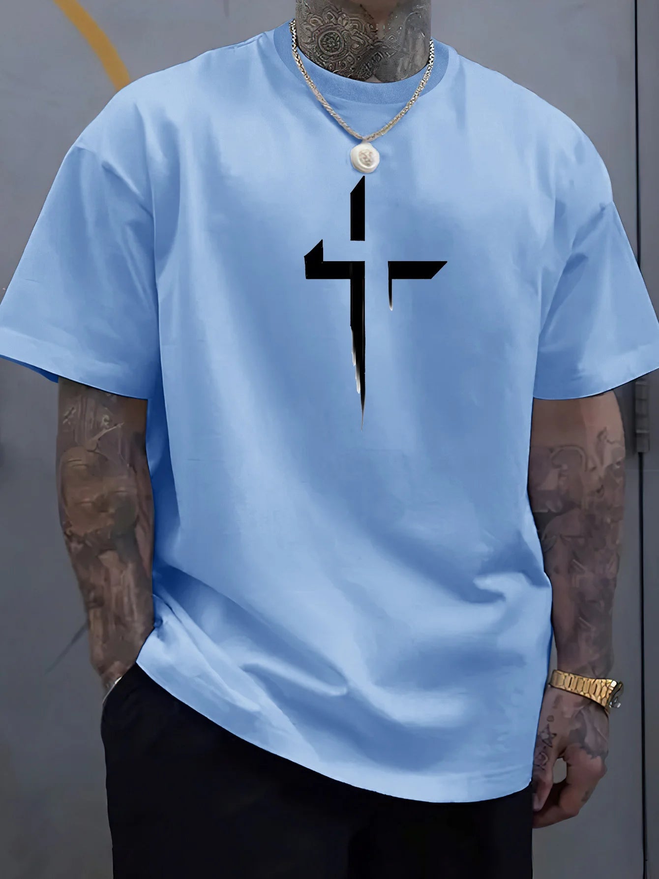 Men's 100% Cotton Casual Loose Fit Cross Print Round Neck T-Shirt