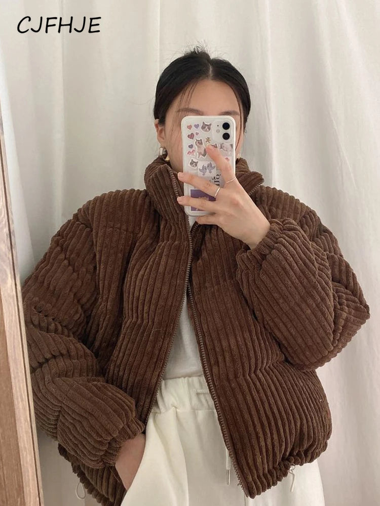 Women's Thick Corduroy Puffy Short Parka with Zipper Closure