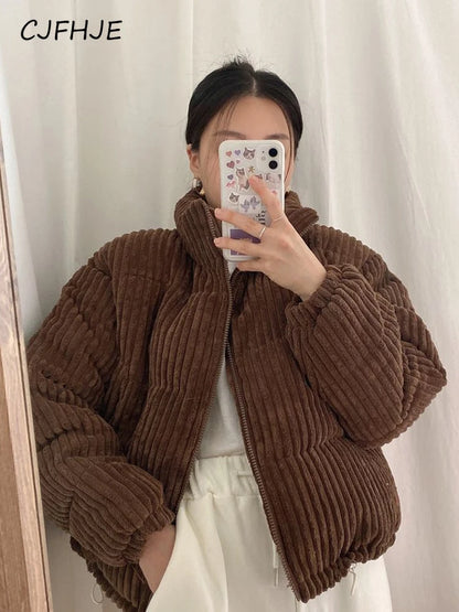 Women's Thick Corduroy Puffy Short Parka with Zipper Closure