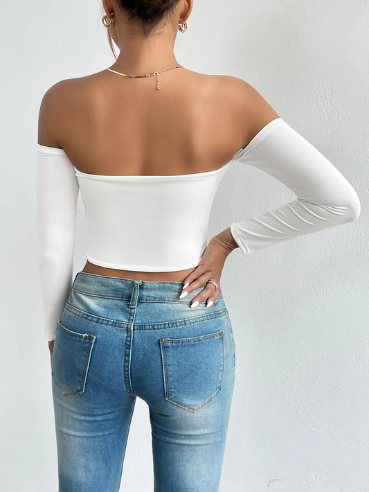 Women's Casual Long Sleeve Off-Shoulder Crop Top
