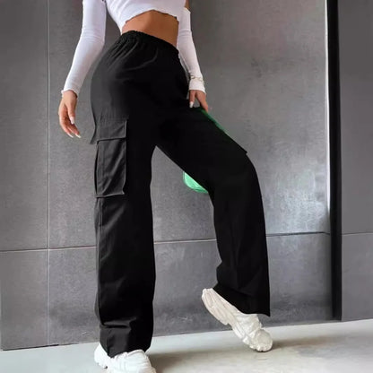 Women’s Baggy Cargo Pants - Casual Straight Fit, Elastic High Waist