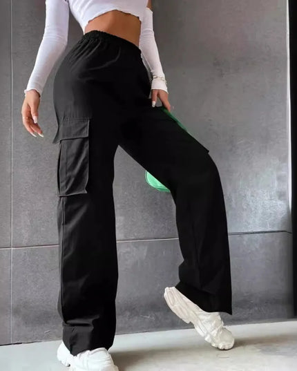 Women’s Baggy Cargo Pants - Casual Straight Fit, Elastic High Waist
