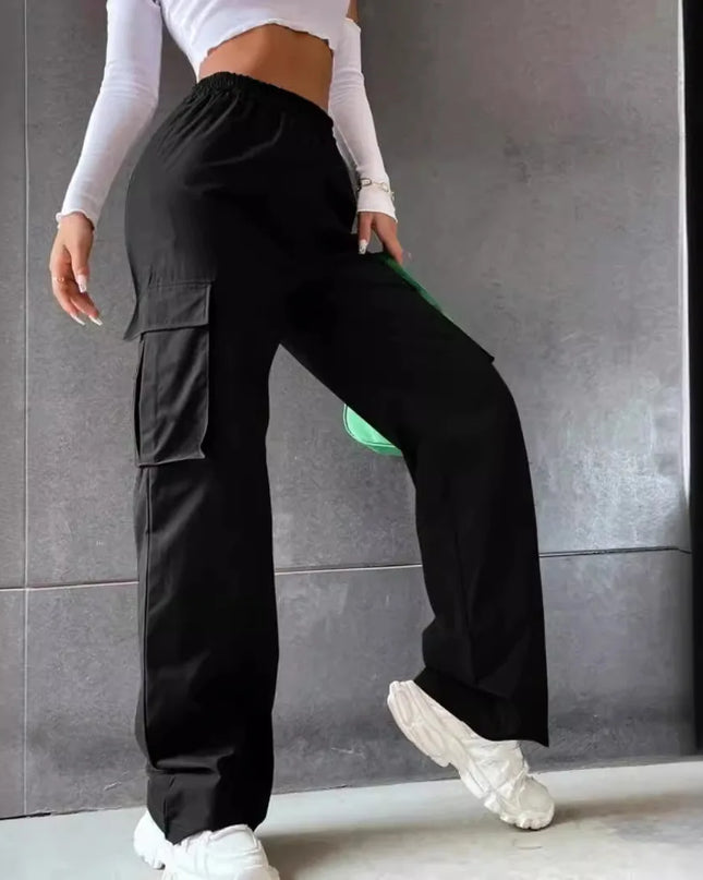 Women’s Baggy Cargo Pants - Casual Straight Fit, Elastic High Waist