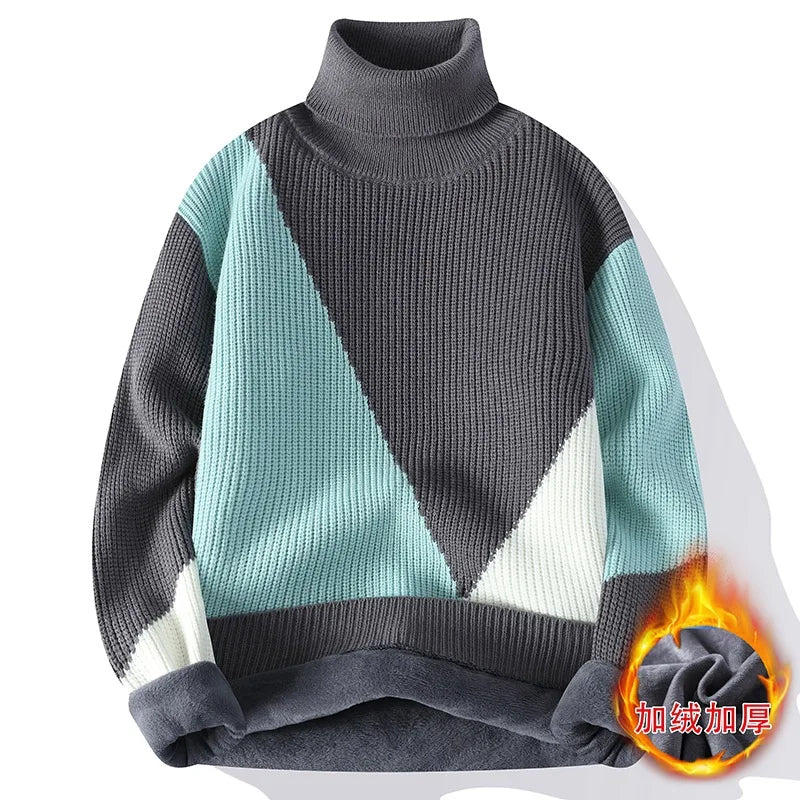 Men's Warm Fleece Turtleneck Sweater - Knitted, Loose Fit, Cozy Winter Pullover