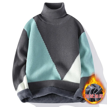 Men's Warm Fleece Turtleneck Sweater - Knitted, Loose Fit, Cozy Winter Pullover