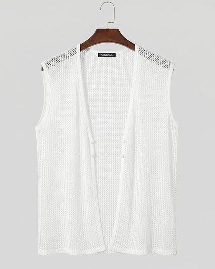 Men's Summer Tank Top with Solid Design, Hollow Out, See-Through Style, and Button Detail