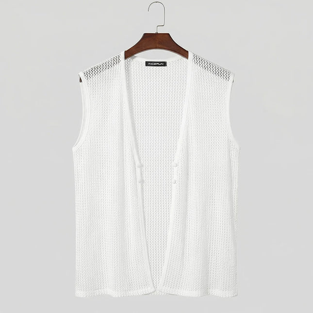 Men's Summer Tank Top with Solid Design, Hollow Out, See-Through Style, and Button Detail