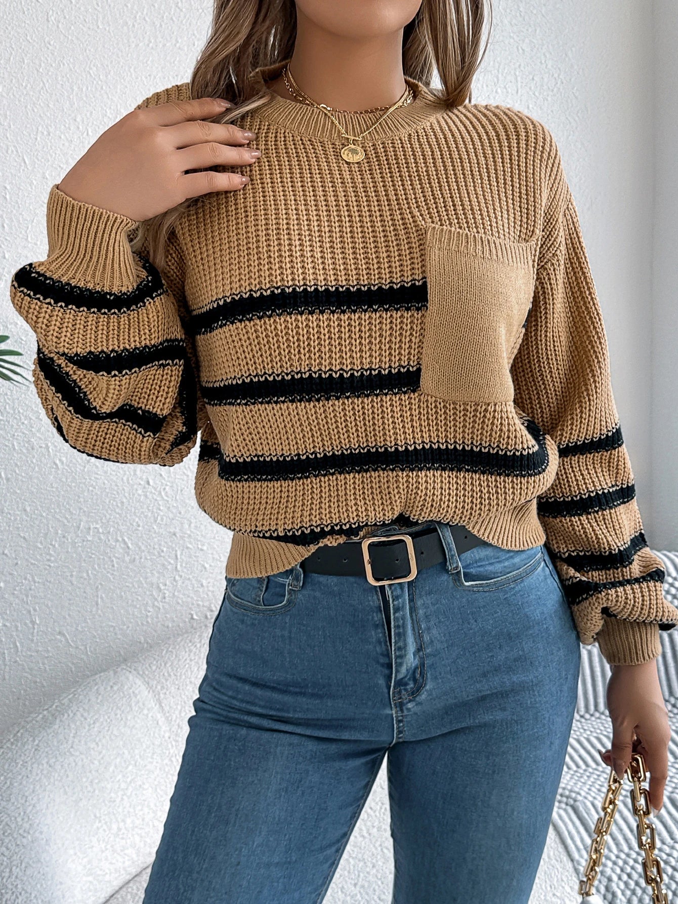 Women's Knit Striped Sweater with Pocket and Round Neck