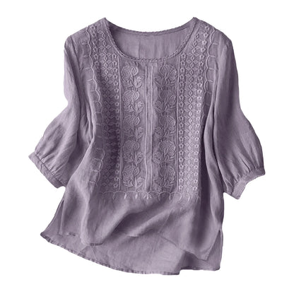 Women's Cotton Linen T Shirts Lace Crochet Embroidery Blouses Round Neck 3/4 Sleeve Casual Tops Thin Breathable Shirts Clothes