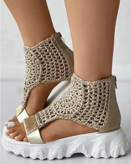 Knitted Women's Sandals with Braided Elastic and Mesh, Flat Bottom Design