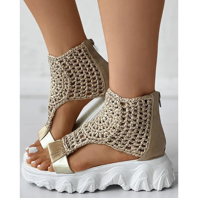 Knitted Women's Sandals with Braided Elastic and Mesh, Flat Bottom Design