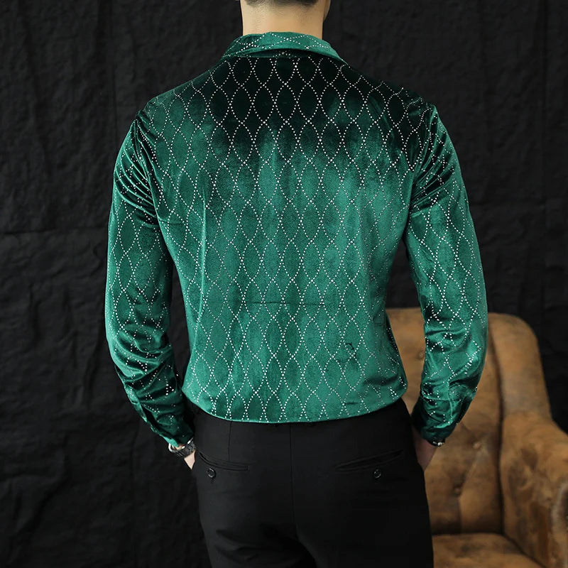 Luxury Velvet Men's Slim Fit Shirt with Grid Pattern