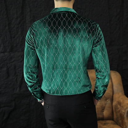 Luxury Velvet Men's Slim Fit Shirt with Grid Pattern
