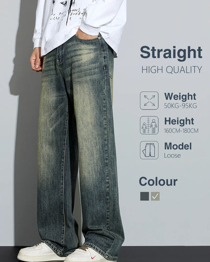 Men's Cotton Baggy Wide Leg Jeans – Retro Washed Denim Loose Fit Trousers for Men