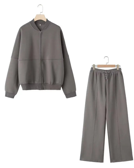 TRAFZA Women's 2-Piece Retro Zipper Jacket & High-Waisted Lace-Up Loose Pants Set