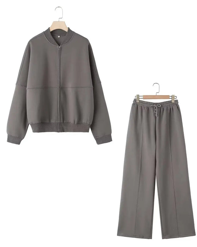 TRAFZA Women's 2-Piece Retro Zipper Jacket & High-Waisted Lace-Up Loose Pants Set