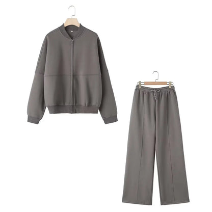 TRAFZA Women's 2-Piece Retro Zipper Jacket & High-Waisted Lace-Up Loose Pants Set