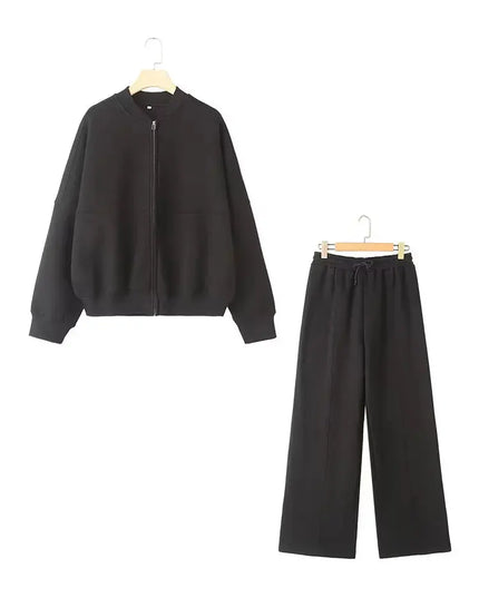TRAFZA Women's 2-Piece Retro Zipper Jacket & High-Waisted Lace-Up Loose Pants Set