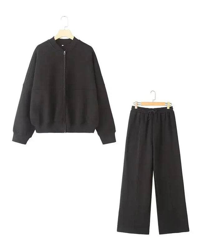 TRAFZA Women's 2-Piece Retro Zipper Jacket & High-Waisted Lace-Up Loose Pants Set