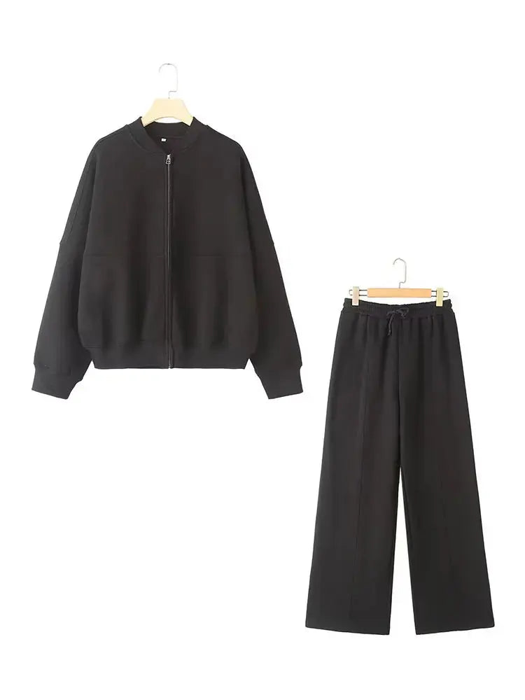 TRAFZA Women's 2-Piece Retro Zipper Jacket & High-Waisted Lace-Up Loose Pants Set
