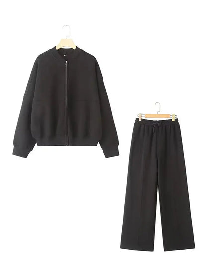 TRAFZA Women's 2-Piece Retro Zipper Jacket & High-Waisted Lace-Up Loose Pants Set