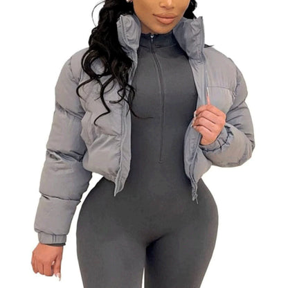 Women's Cropped Puffer Jacket - Casual Zip-Up Cotton Jacket with Padding