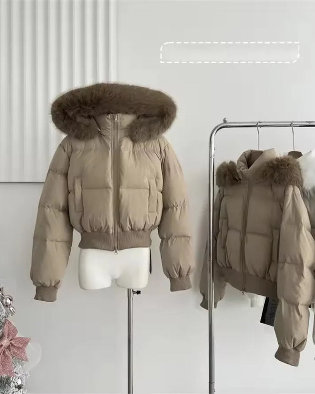 Women's Fur Collar Zipper Hooded Short Jacket - Thickened and Warm