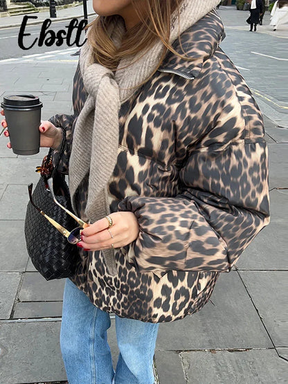 Women's Leopard Print Cotton Coat with Detachable Hood and Zipper Closure